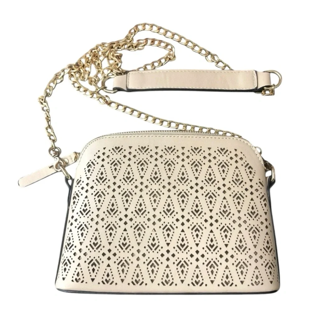 Francesca’s Collection Tan Cream Faux Leather Crossbody Purse w/50” Strap EUC